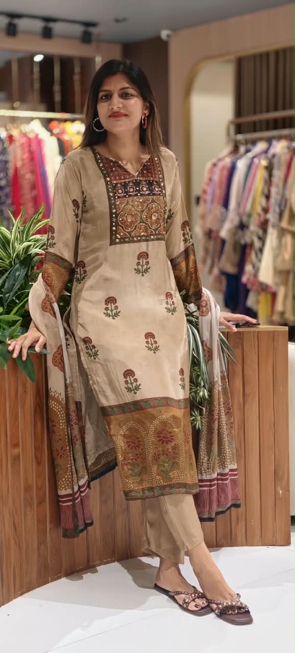 Ajrakh Print Flowy Comfort Fit Full Suit Set With Dupatta In Crepe Fabric- 16745