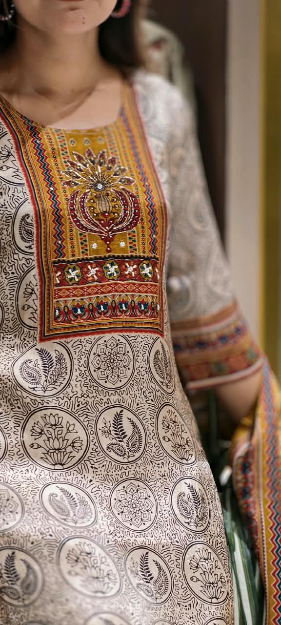 Beige Printed Art Embellished Yoke Crepe Full Suit Set With Dupatta- 16737