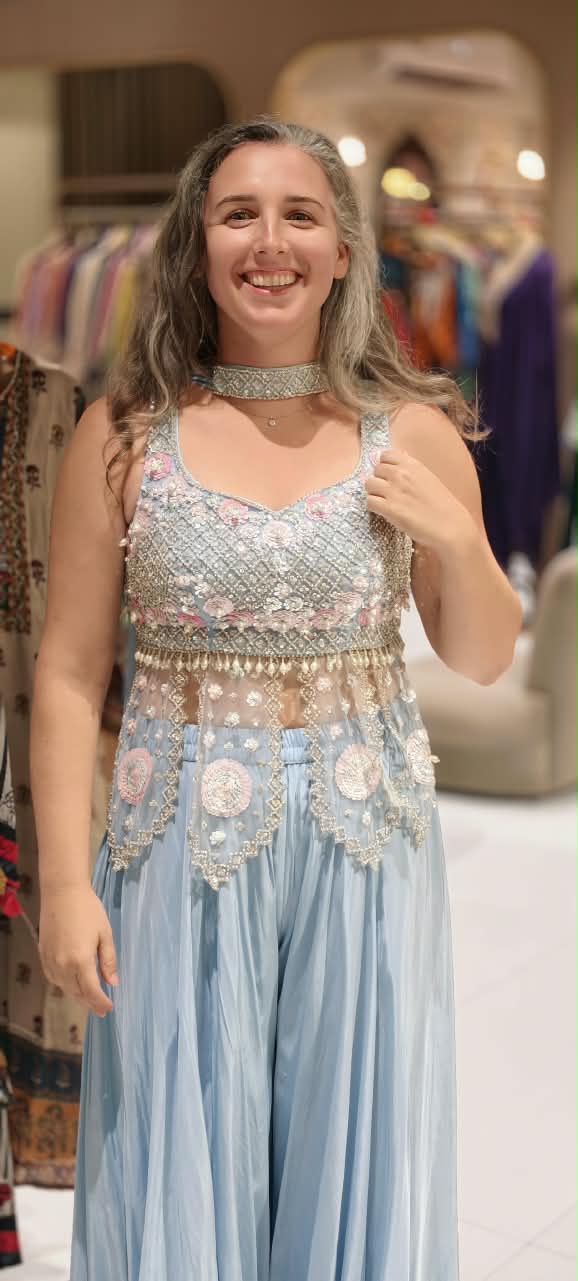 Aqua Ethereal Glow Pearl Luxe Hand Embroidered Fringe Crop-Top With Flared Palazzo Bottom & Chowker Dupatta- 15408