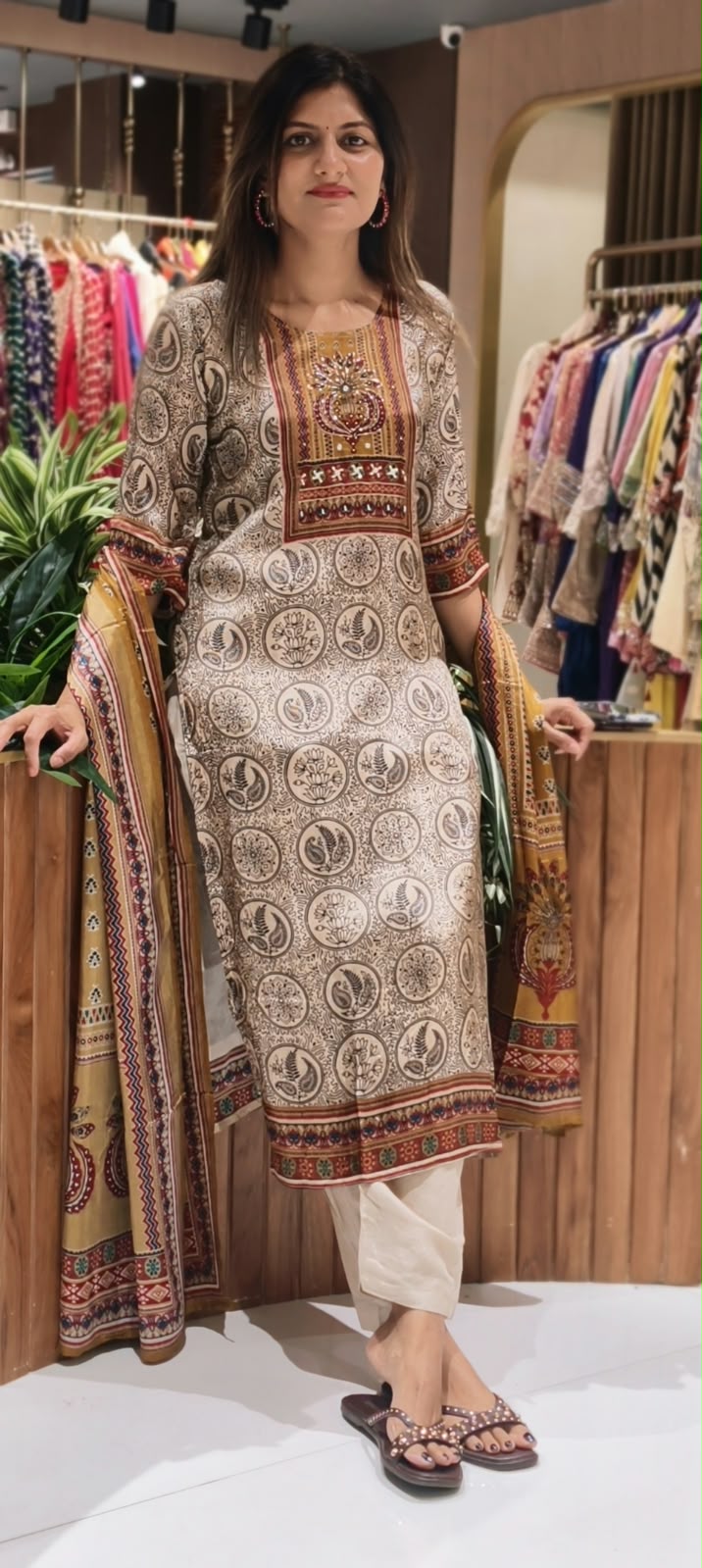 Beige Printed Art Embellished Yoke Crepe Full Suit Set With Dupatta- 16737