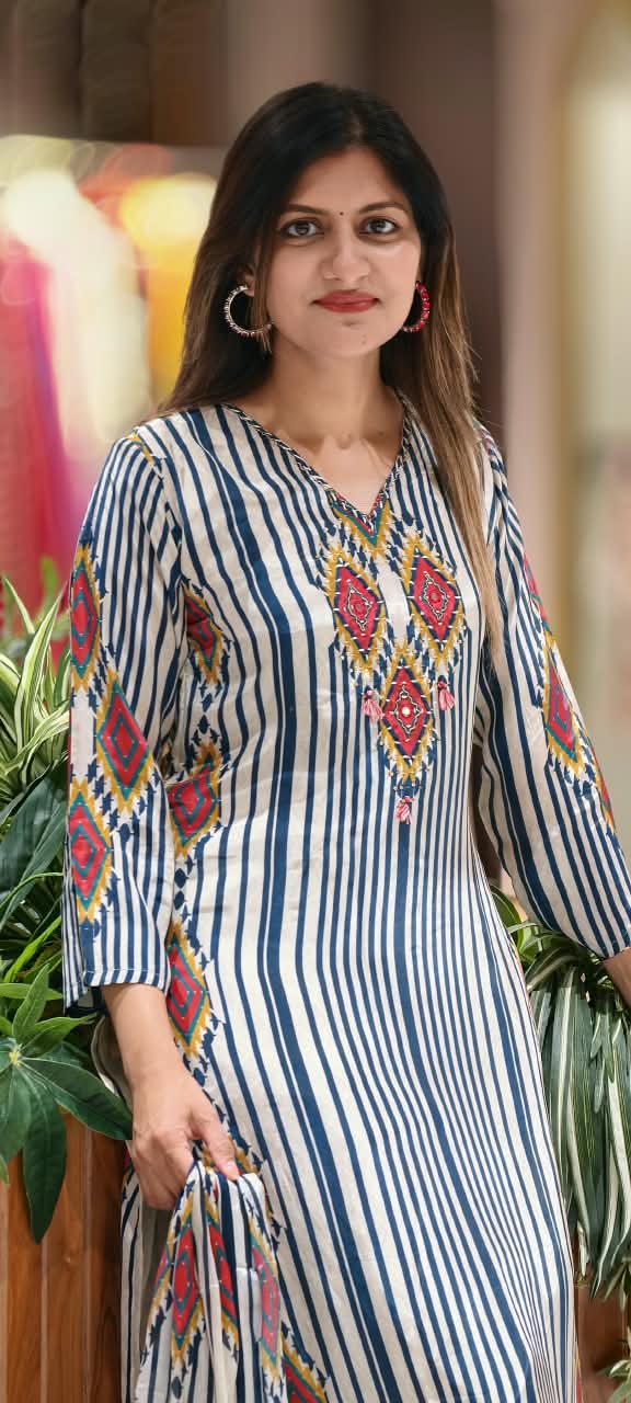 Bohemian Look Blue/White Striped Print Crepe Full Suit Set With Dupatta- 16723