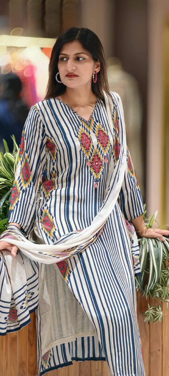 Bohemian Look Blue/White Striped Print Crepe Full Suit Set With Dupatta- 16723