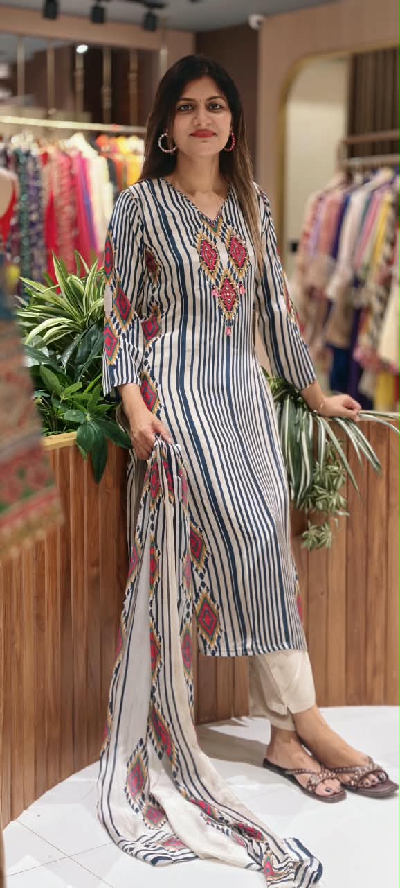 Bohemian Look Blue/White Striped Print Crepe Full Suit Set With Dupatta- 16723