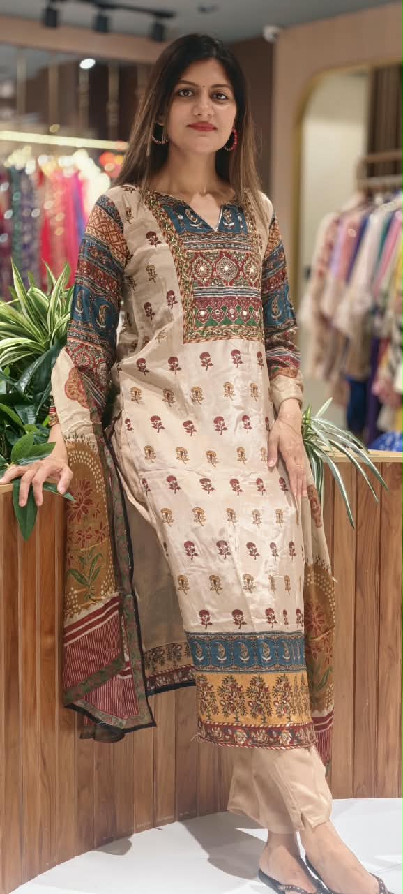 Premium Printed Crepe Ethnic Border & Embellished Neckline Full Suit Set-16780