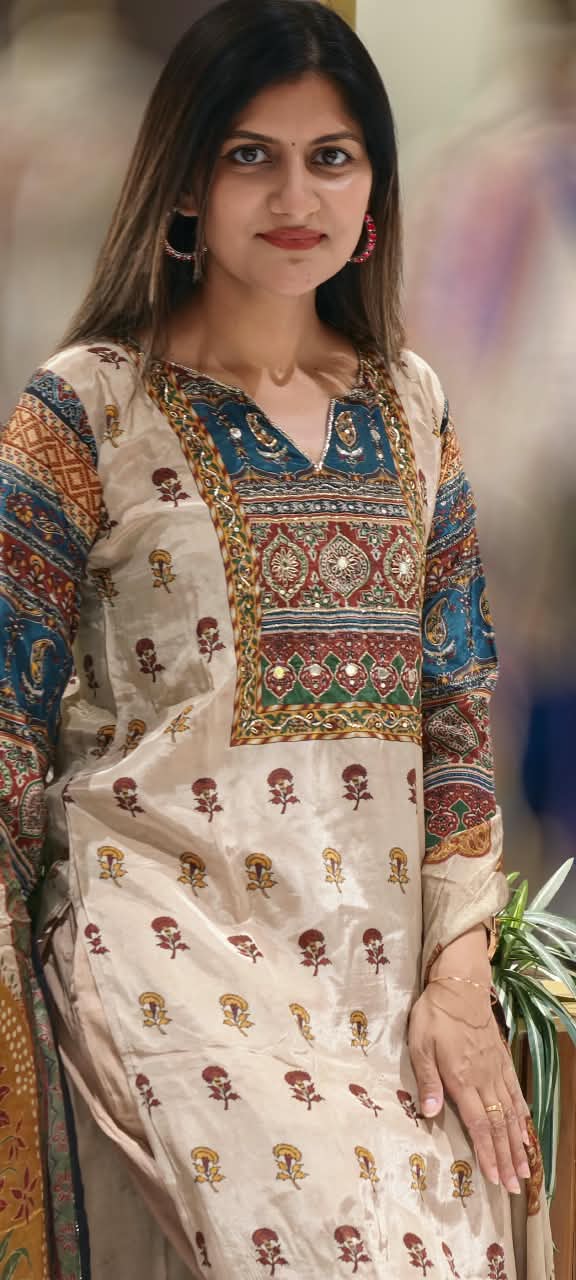 Premium Printed Crepe Ethnic Border & Embellished Neckline Full Suit Set-16780