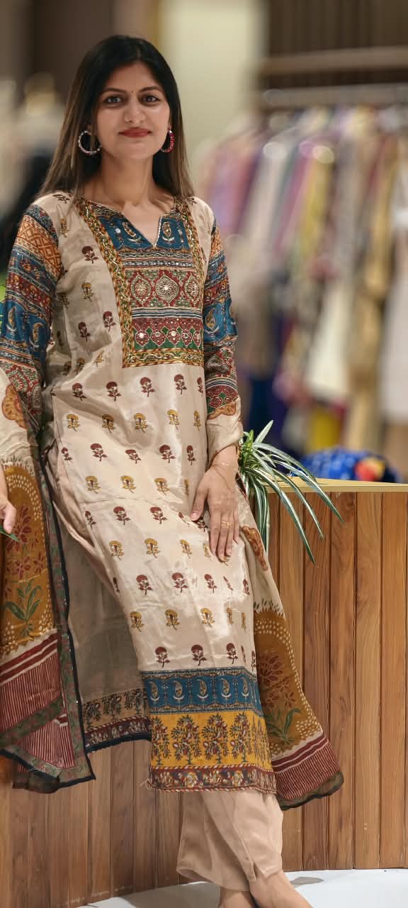 Premium Printed Crepe Ethnic Border & Embellished Neckline Full Suit Set-16780