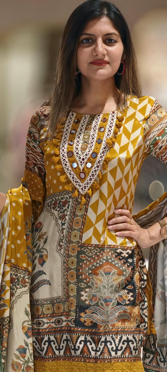 Boho Yoke With Ethnic Print Short Length Kurta Full Suit Set With Dupatta In Crepe Fabric- 16902
