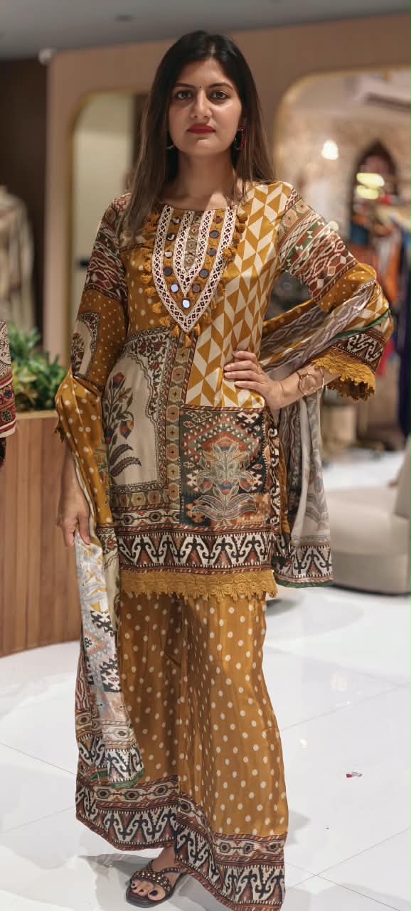 Boho Yoke With Ethnic Print Short Length Kurta Full Suit Set With Dupatta In Crepe Fabric- 16902