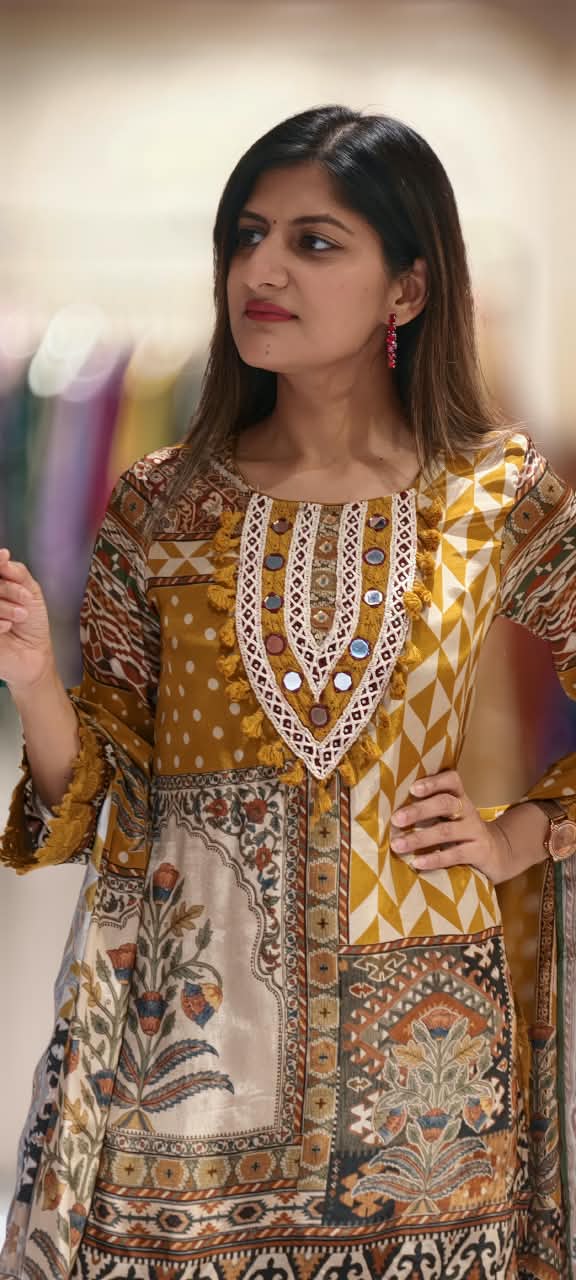 Boho Yoke With Ethnic Print Short Length Kurta Full Suit Set With Dupatta In Crepe Fabric- 16902