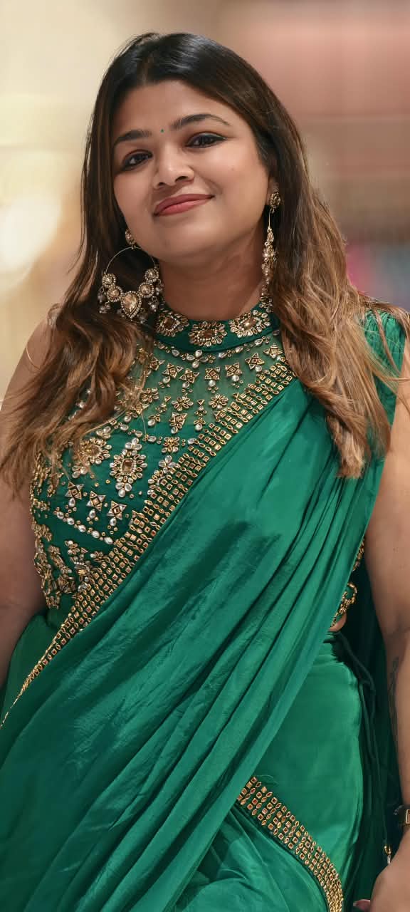 Royal Glam Pre-Draped Saree with Beaded Hand Embellished Blouse In Vibrant Tone- 16973
