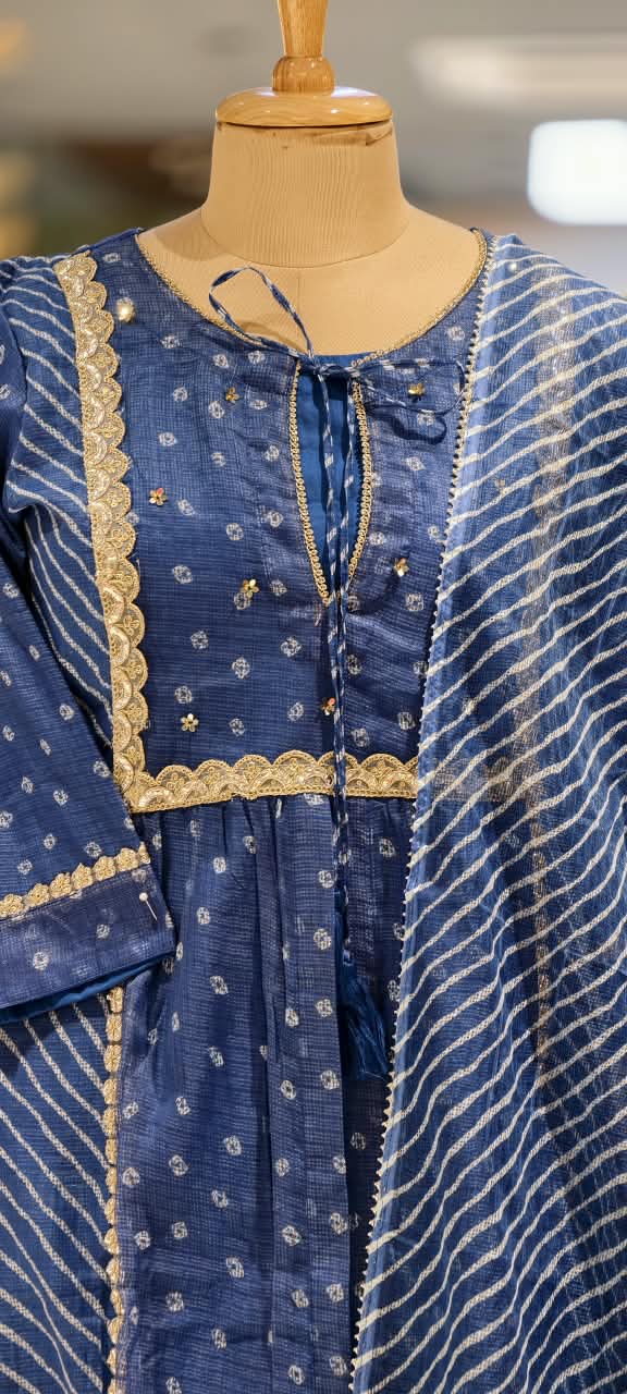 Dusty Blue Rich Golden Embroidery Highlights Kota Doria Bandhani Dots A-Line Full Suit Set With Dupatta- 15986
