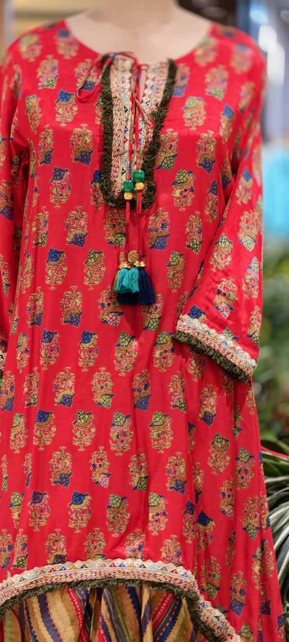 Boho Crimson Indowestern Wear High-Low Printed Kurta With Flared Bottom- 16878