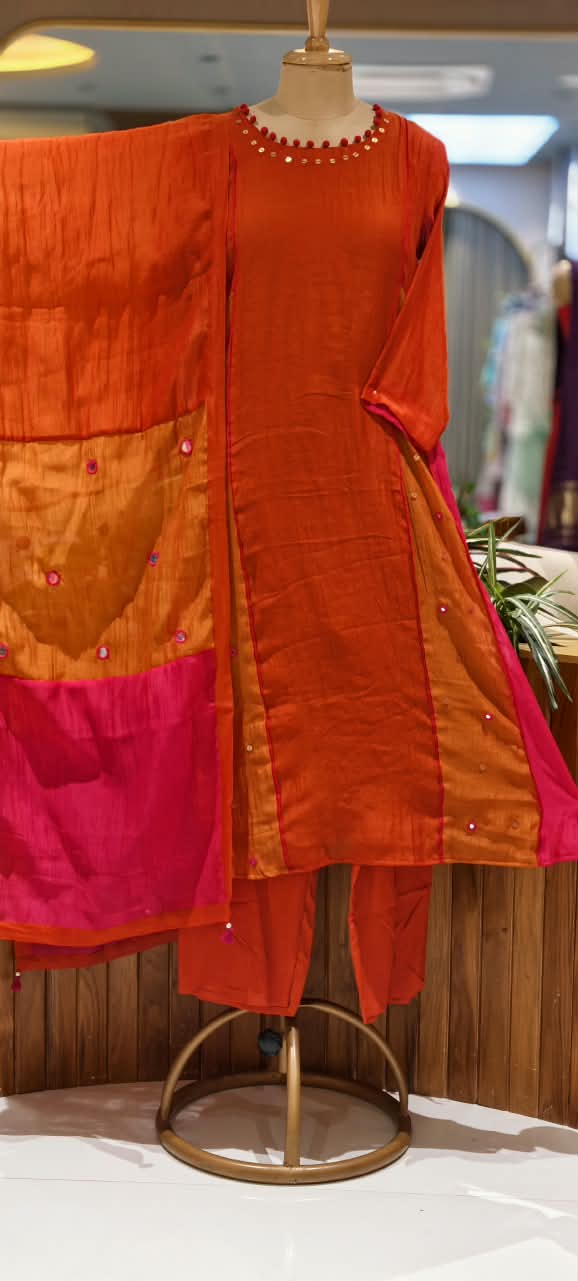 Pure Banarasi Mul-Chanderi Side Panels A-Line Orangish Full Suit Set With Dupatta- 16890