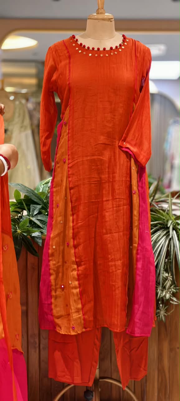 Pure Banarasi Mul-Chanderi Side Panels A-Line Orangish Full Suit Set With Dupatta- 16890