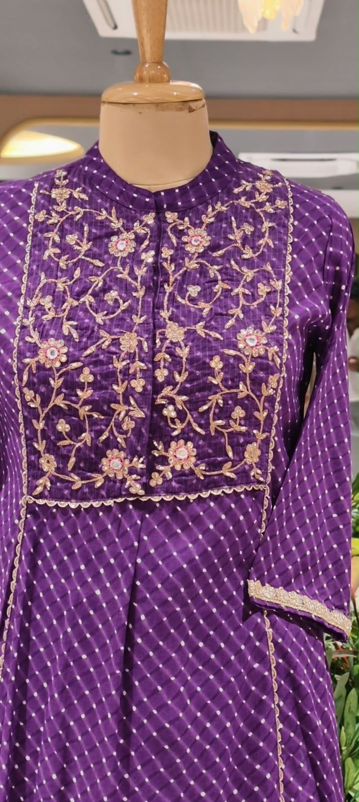 Royal Purple Chanderi Embroidered Aline Kurta Pant with Intricate Floral Zari Threadwork Bandani Print Set- 16906