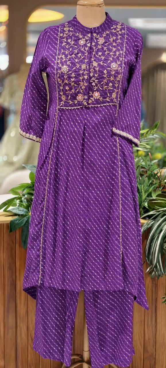 Royal Purple Chanderi Embroidered Aline Kurta Pant with Intricate Floral Zari Threadwork Bandani Print Set- 16906