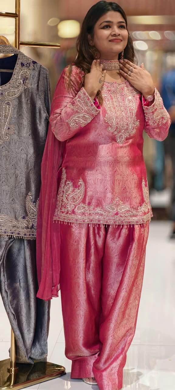 Weavin Banarasi Kurta With Farshi Bottom Set with Intricate Zari Embroidery & Elegant Paisley Border Work- 16963