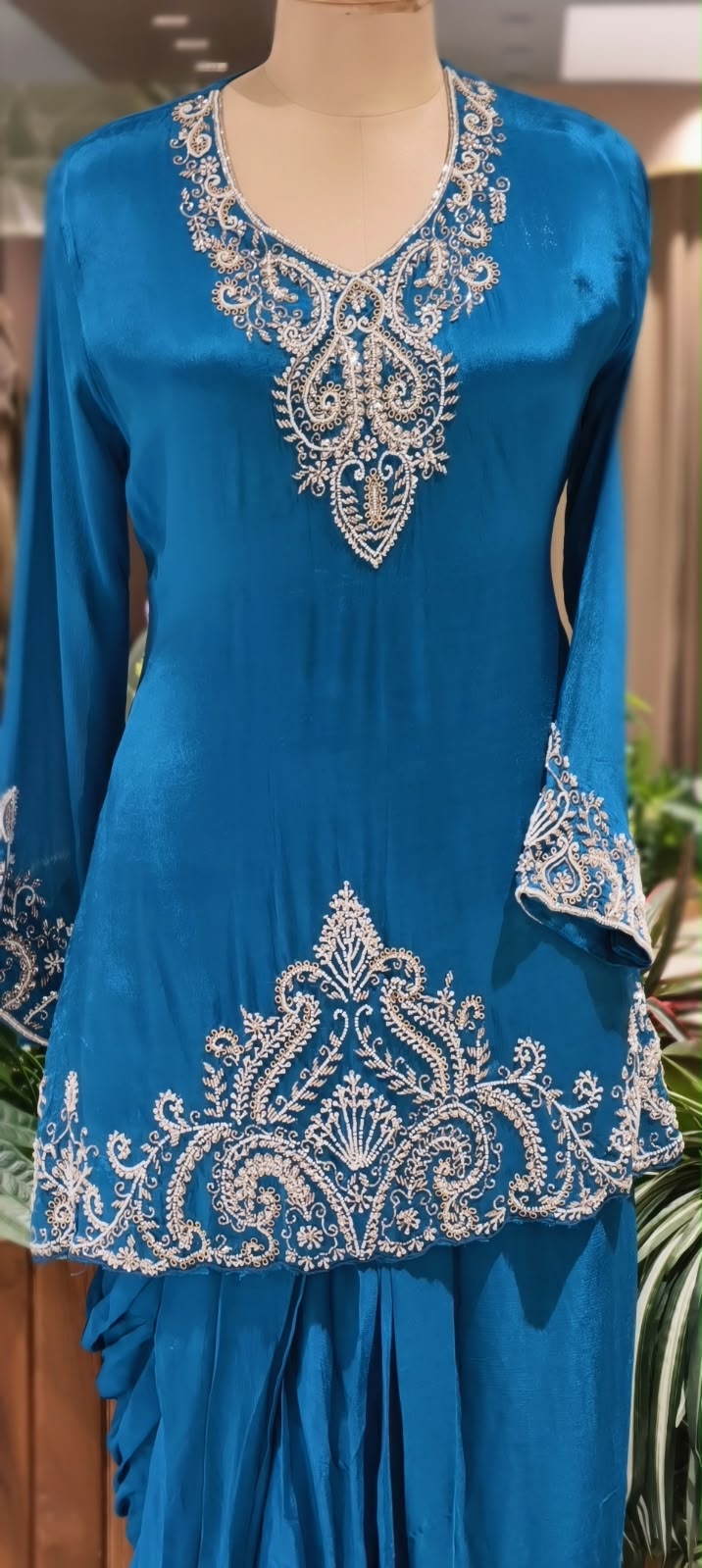 Premium Teal Blue & Emerald Green Embroidered Drape Co-Ord Saree Set with V-Neck Kurti and Intricate Silver Zari Work- 16961