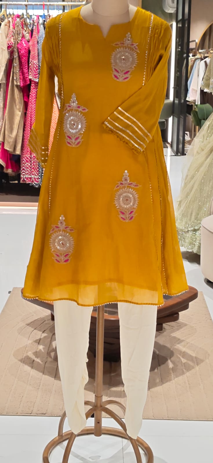 Pure Mulchanderi Scattered Embroidered A-line Short Length Kurta with Tulip Bottom- 16930