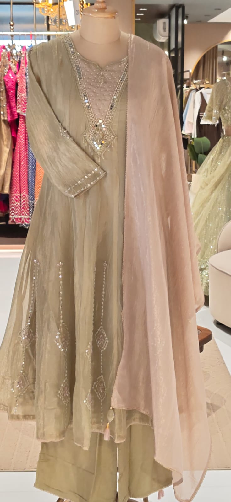 Elegant Olive Gold Crush Tissue Panel Anarkali Mirror Work, Embellished V-Neckline Full Suit Set- 16840