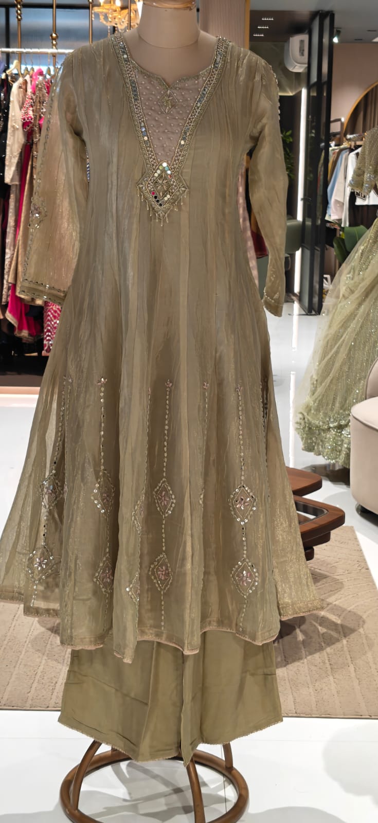 Elegant Olive Gold Crush Tissue Panel Anarkali Mirror Work, Embellished V-Neckline Full Suit Set- 16840
