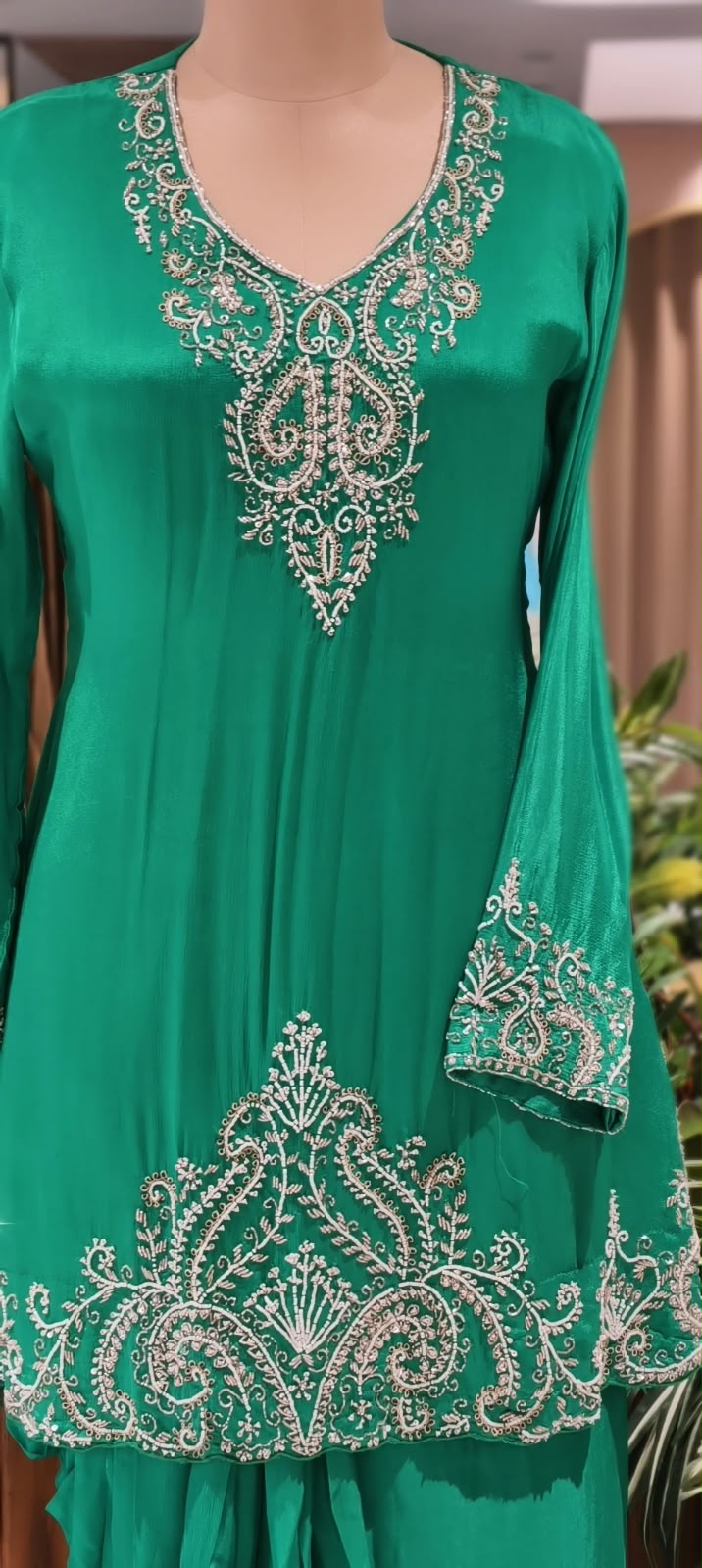 Premium Teal Blue & Emerald Green Embroidered Drape Co-Ord Saree Set with V-Neck Kurti and Intricate Silver Zari Work- 16961