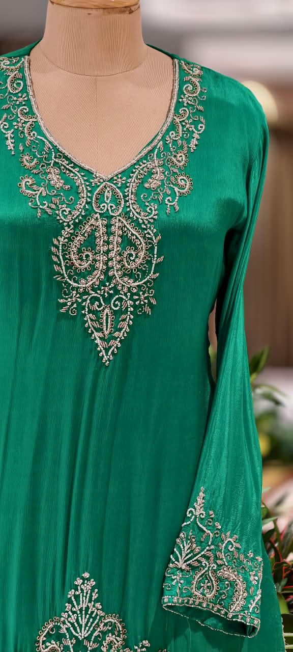 Premium Teal Blue & Emerald Green Embroidered Drape Co-Ord Saree Set with V-Neck Kurti and Intricate Silver Zari Work- 16961