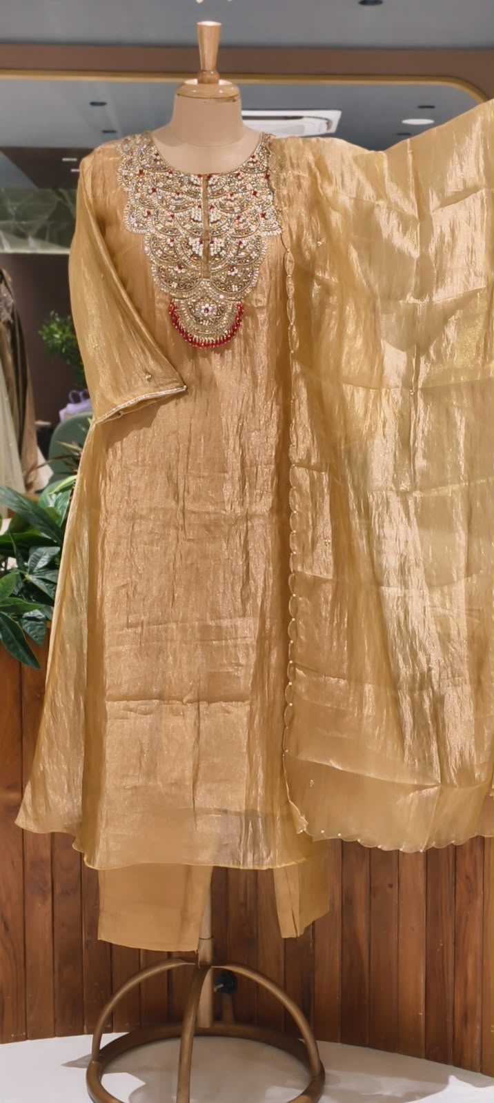 Elegant Golden Tissue Aline Full Suit Set with Intricate Zardozi Beaded Sequin Embroidery- 16944