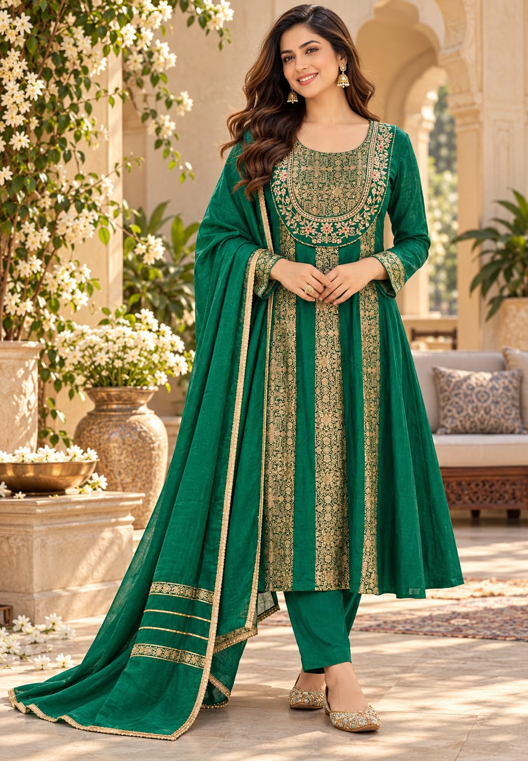 Brocade Panel Aline Russian Silk  Elegant Full Suit Set With Duptta 16998