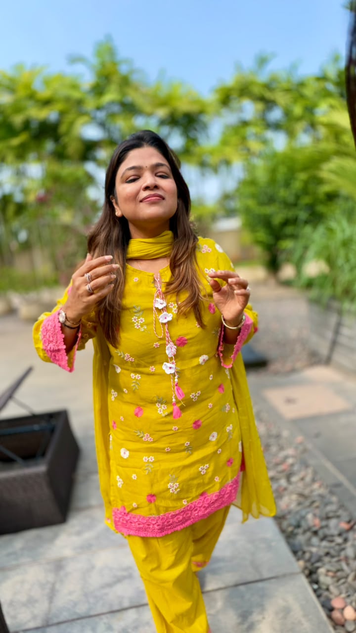 Mustard Yellow Mul Chanderi Full Suit Set with Floral Embroidery, Pink Lace Detailing,Bottom & Dupatta (Dispaching On Wednesday)16904