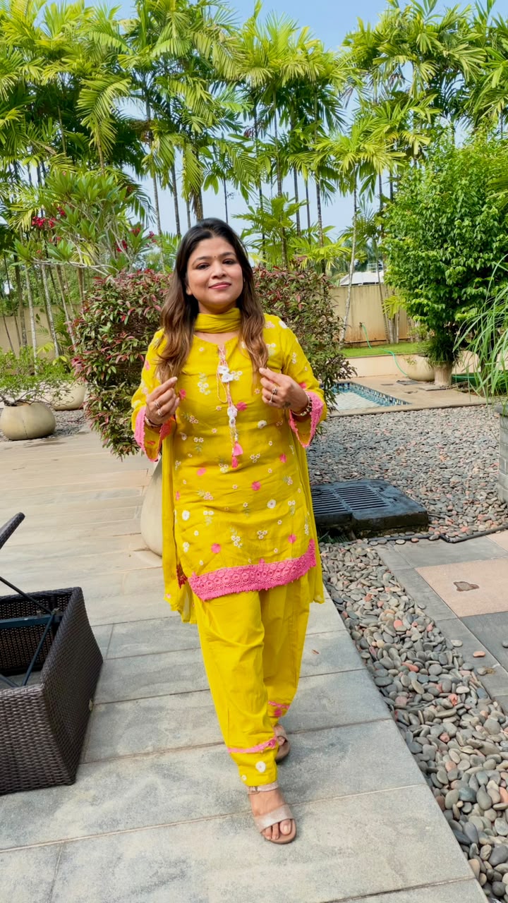 Mustard Yellow Mul Chanderi Full Suit Set with Floral Embroidery, Pink Lace Detailing,Bottom & Dupatta 16904