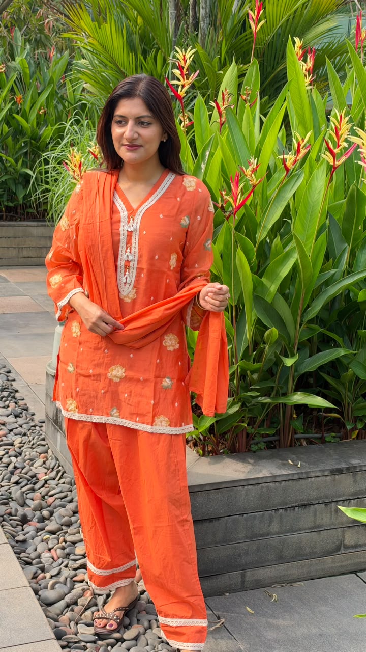 Orange Mul Chanderi Full Suit Set with Short Kurta,Matching Bottom & Dupatta(Dispaching On Wednesday)16909