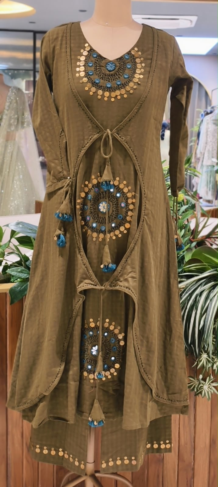 Artisanal Handloom Cotton Tribal Inspired Intricate Mirror & Sequin Work Over Lap Knots Kurta Pant Set- 16699