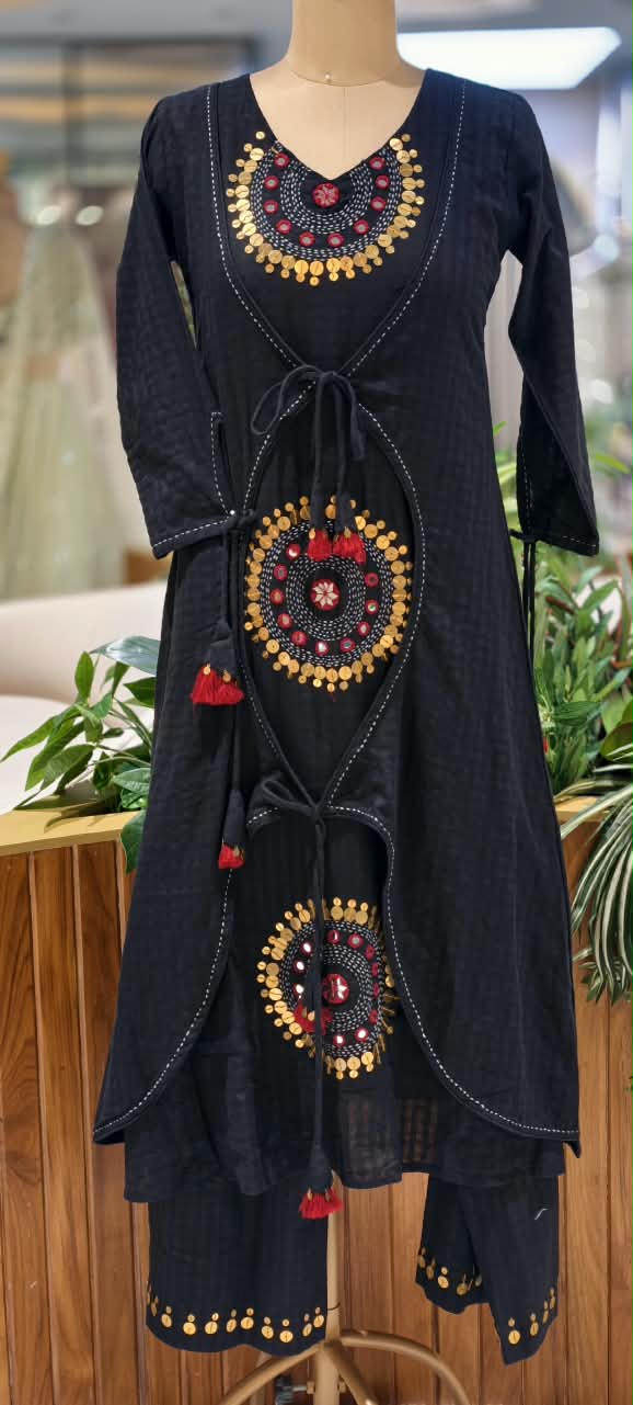Artisanal Handloom Cotton Tribal Inspired Intricate Mirror & Sequin Work Over Lap Knots Kurta Pant Set- 16699