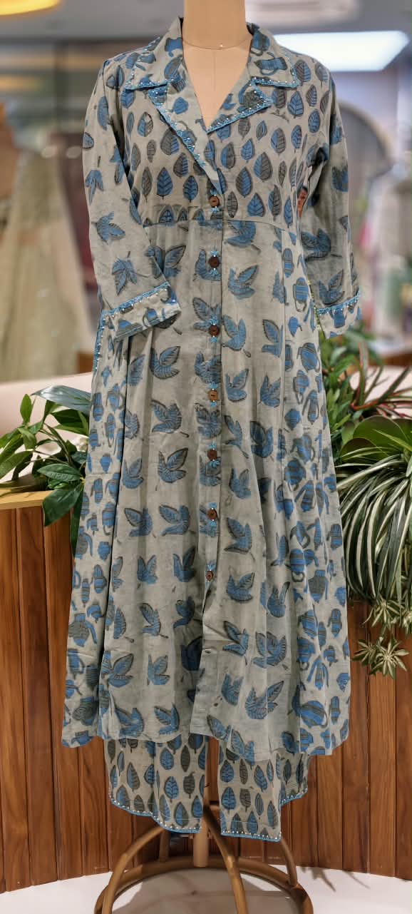 Pure Cotton Hand-Block Floral Print Collar Style Stylish Aline Kurta Pant Set-  16695