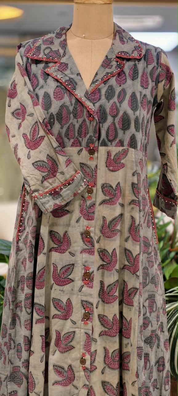 Pure Cotton Hand-Block Floral Print Collar Style Stylish Aline Kurta Pant Set-  16695