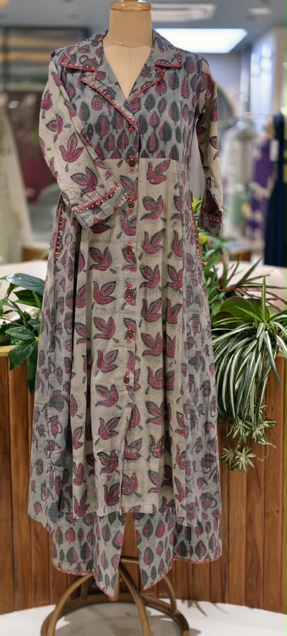 Pure Cotton Hand-Block Floral Print Collar Style Stylish Aline Kurta Pant Set-  16695