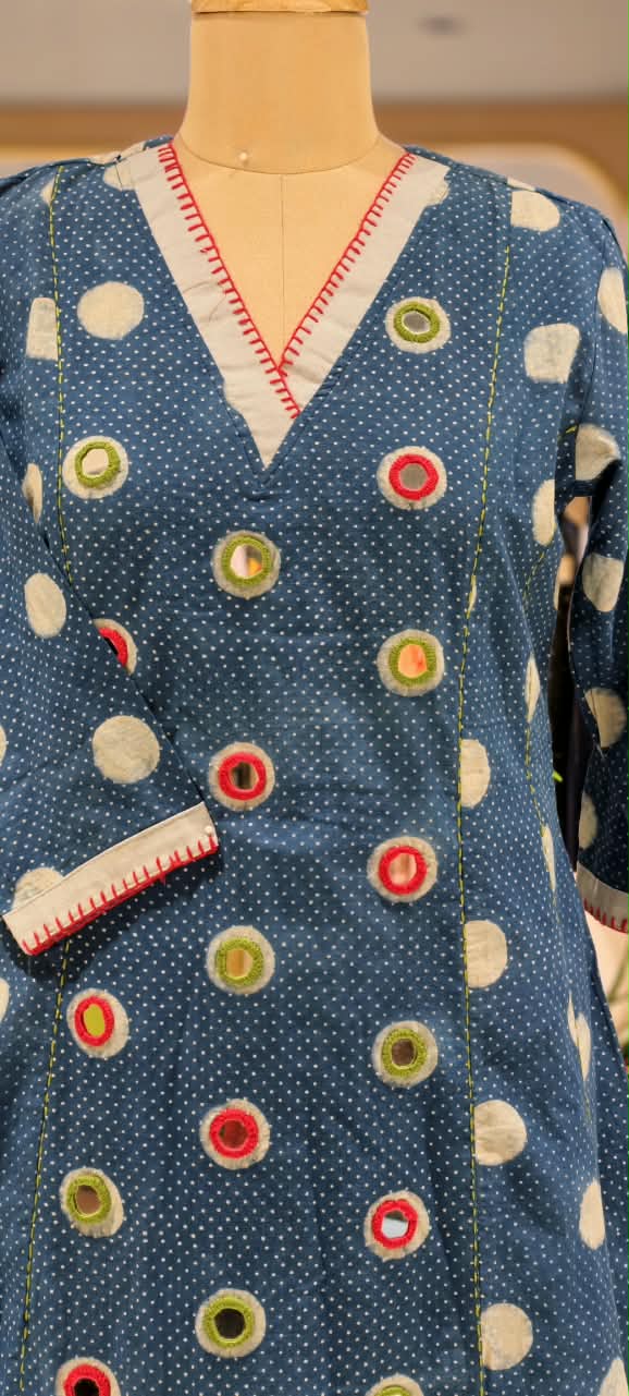 Indigo Blue Printed A-Line Kurta Pant Set With Contrast Polka Dots Embellished Detailing- 16703