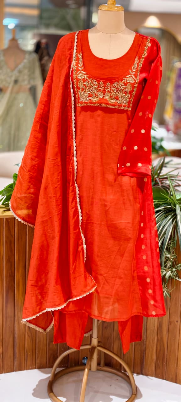 Pure Mulchanderi Aline Full Suit with Elegant Zardozi Embroidery, Polka Dot Motifs & Matching Dupatta Bottom Set- 16928,16947