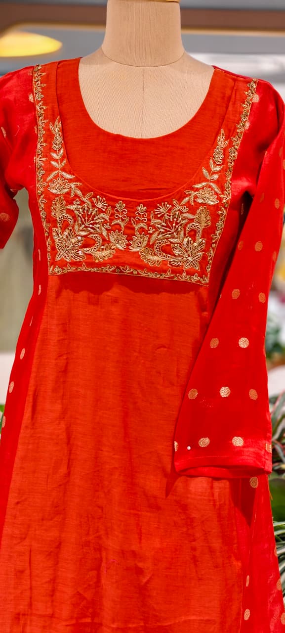 Pure Mulchanderi Aline Full Suit with Elegant Zardozi Embroidery, Polka Dot Motifs & Matching Dupatta Bottom Set- 16928,16947