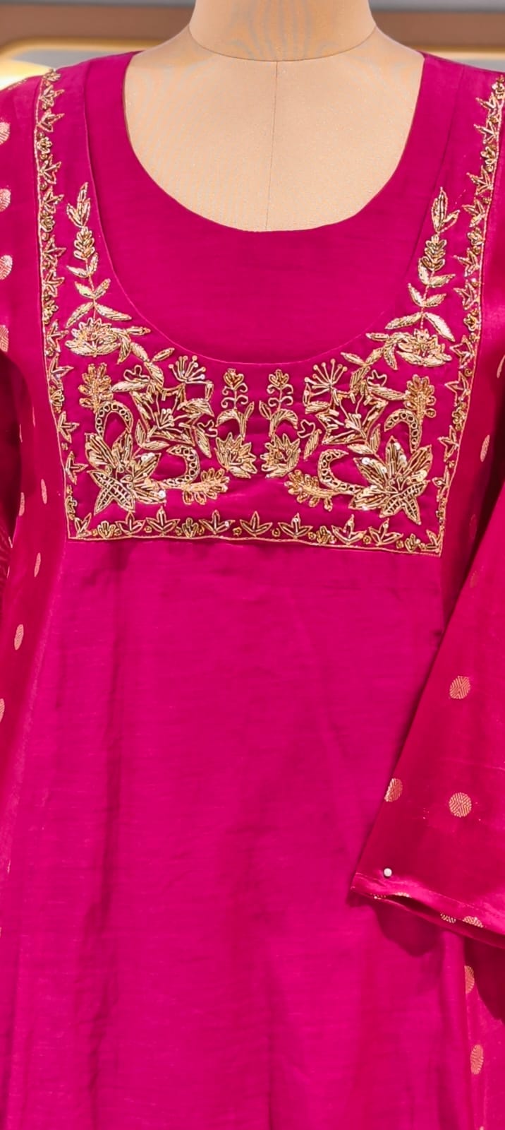 Pure Mulchanderi Aline Full Suit with Elegant Zardozi Embroidery, Polka Dot Motifs & Matching Dupatta Bottom Set- 16928,16947