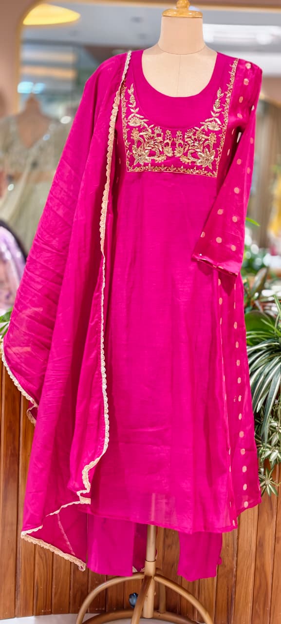 Pure Mulchanderi Aline Full Suit with Elegant Zardozi Embroidery, Polka Dot Motifs & Matching Dupatta Bottom Set- 16928,16947