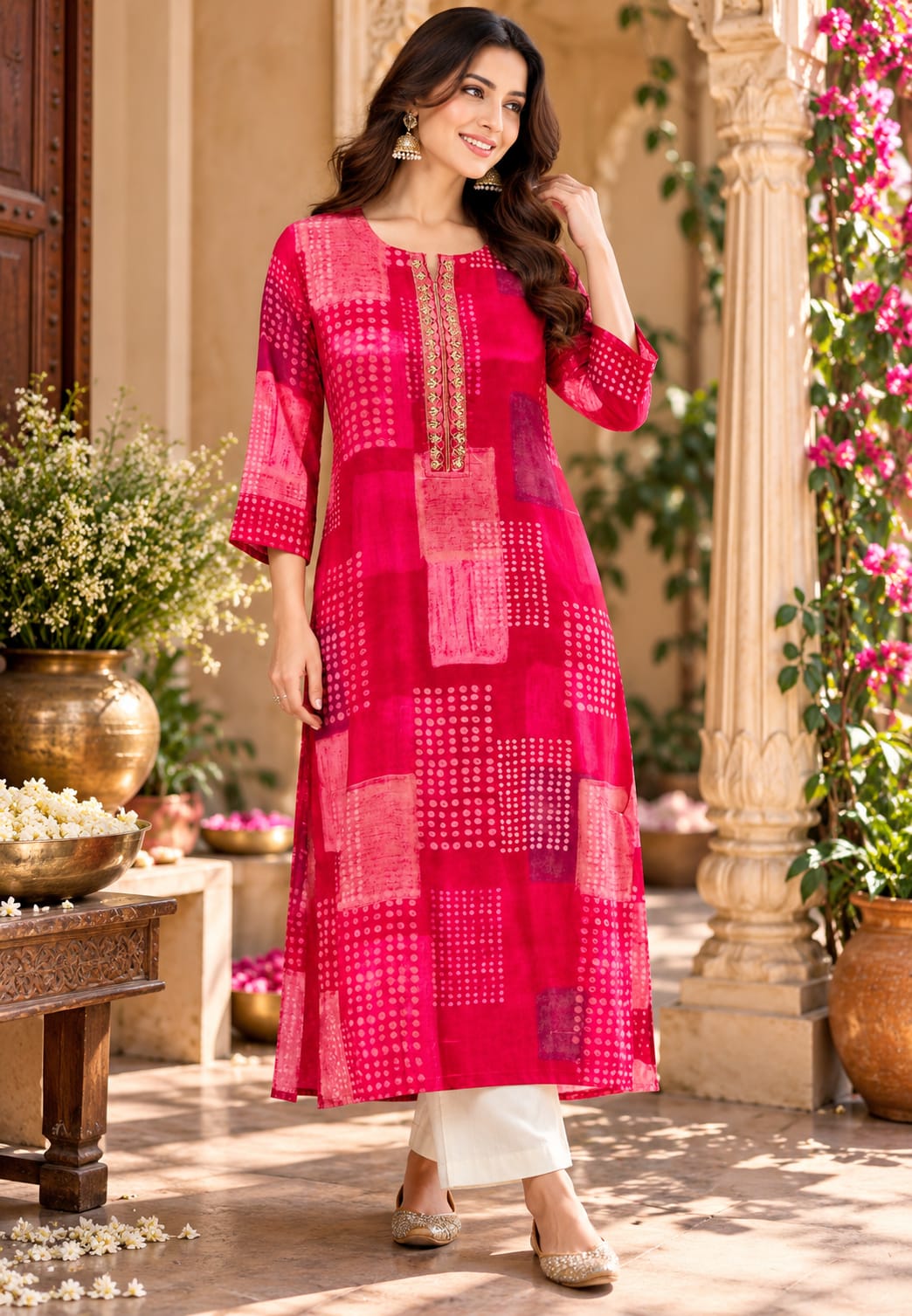 Muslin Fabric Embroidered Yoke Tie-Dye Print Kurti Only- 16606