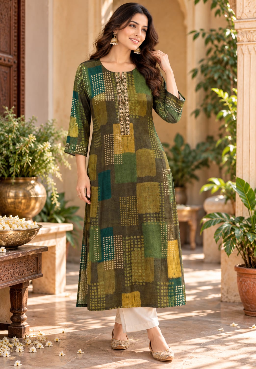 Muslin Fabric Embroidered Yoke Tie-Dye Print Kurti Only- 16606