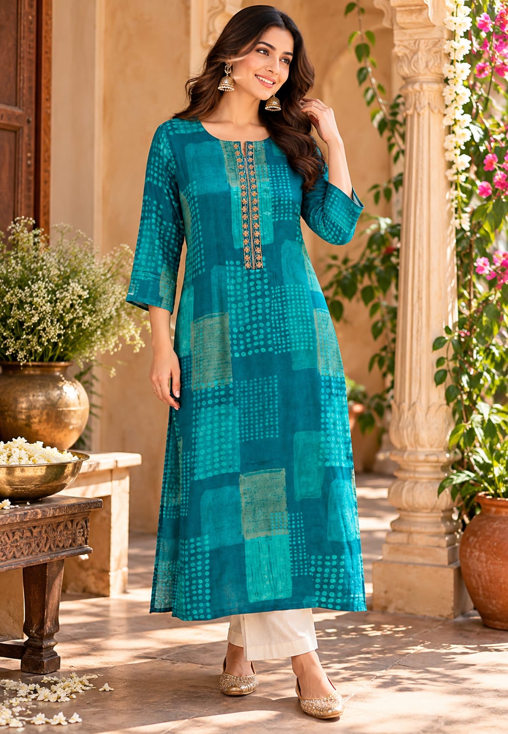 Muslin Fabric Embroidered Yoke Tie-Dye Print Kurti Only- 16606