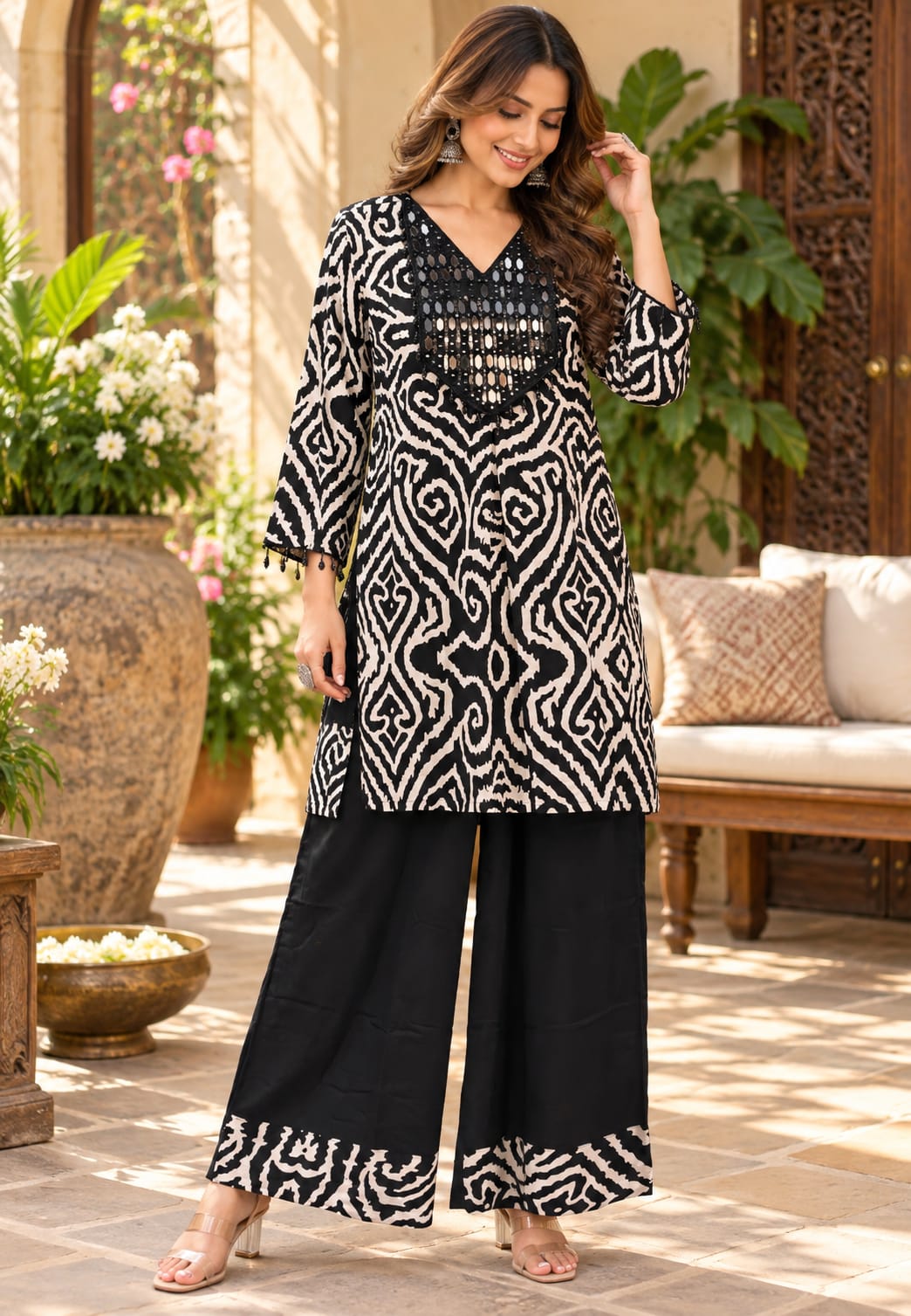 Slub Cotton Printed Kurta Pant Set with Intricate Real Mirror Work Embellished Neckline and Statement Ethnic Motif Print