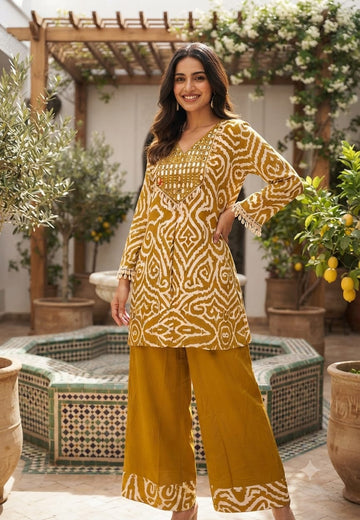 Slub Cotton Printed Kurta Pant Set with Intricate Real Mirror Work Embellished Neckline and Statement Ethnic Motif Print