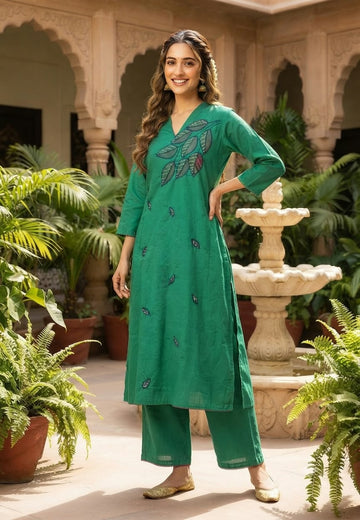 Green A-Line Leaf Embroidered Kurta With Pocket And Matching Loose Bottom Set- 16697