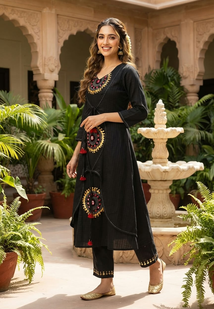 Artisanal Handloom Cotton Tribal Inspired Intricate Mirror & Sequin Work Over Lap Knots Kurta Pant Set- 16699