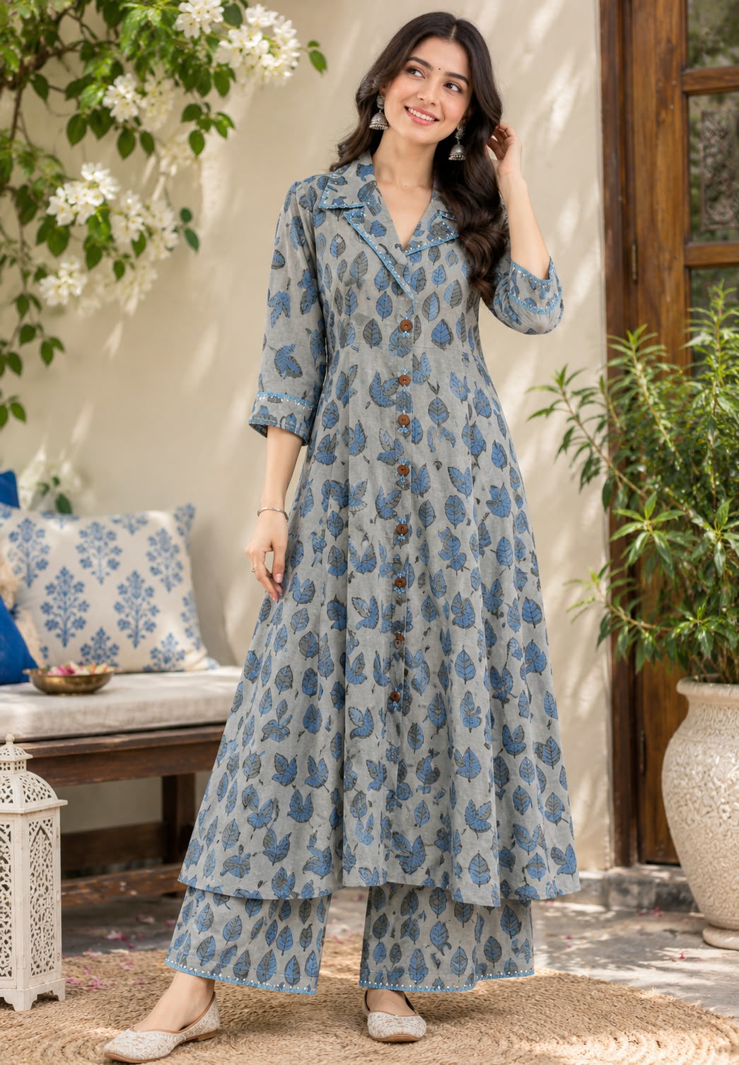 Pure Cotton Hand-Block Floral Print Collar Style Stylish Aline Kurta Pant Set-  16695